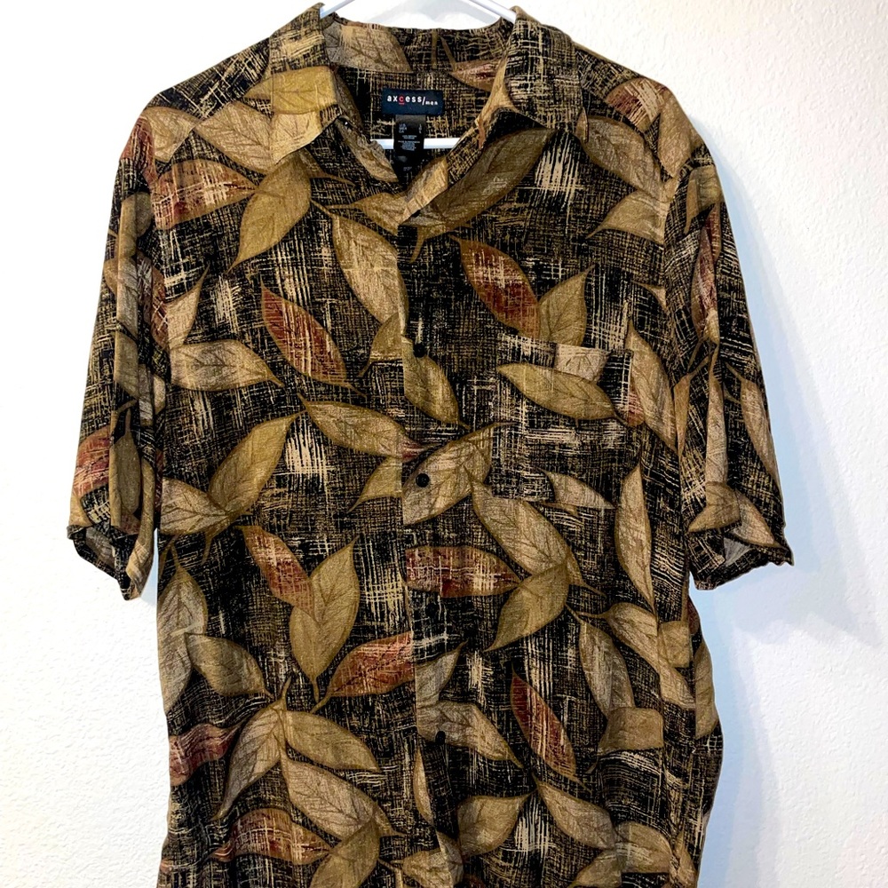 Axcess L Brown Casual Leaf Print Button Up Shirt